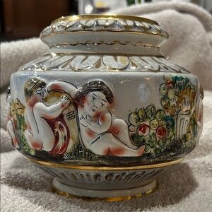 Numbered Porcelain Italian Capodimonte Ornate Vase with Cherub Design